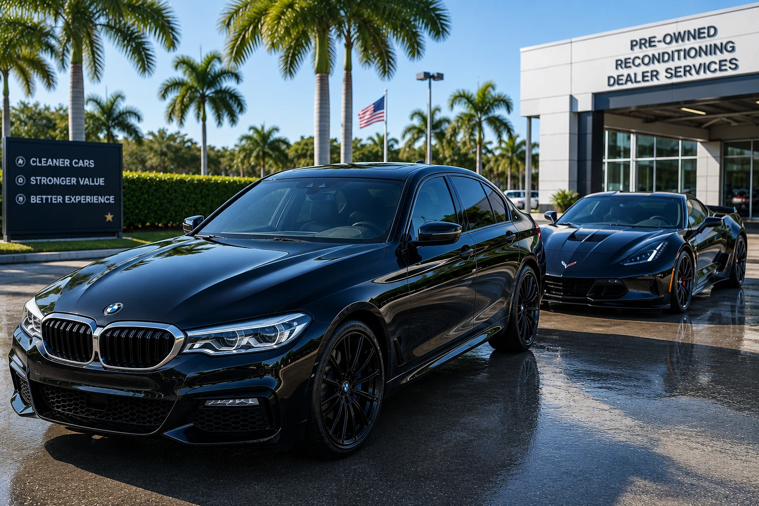 Vehicle being washed, displayed in a front-line dealership row in Central Florida