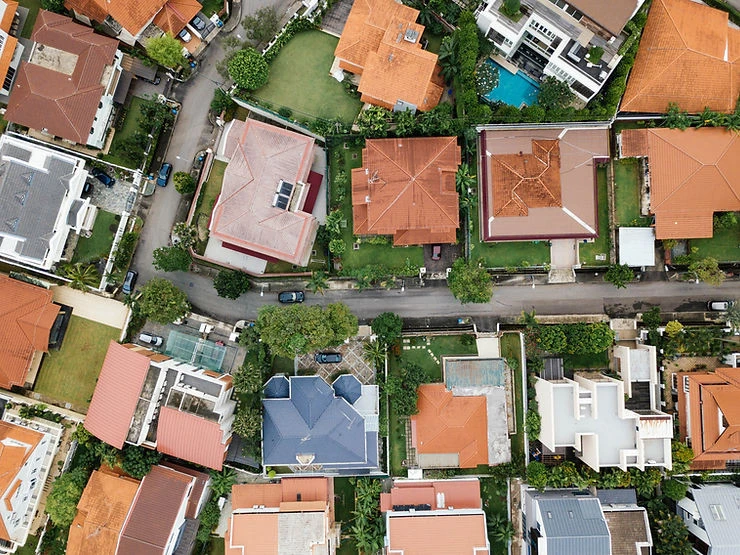 Image: Aerial photo of neighborhood roofs - Lens Roofing