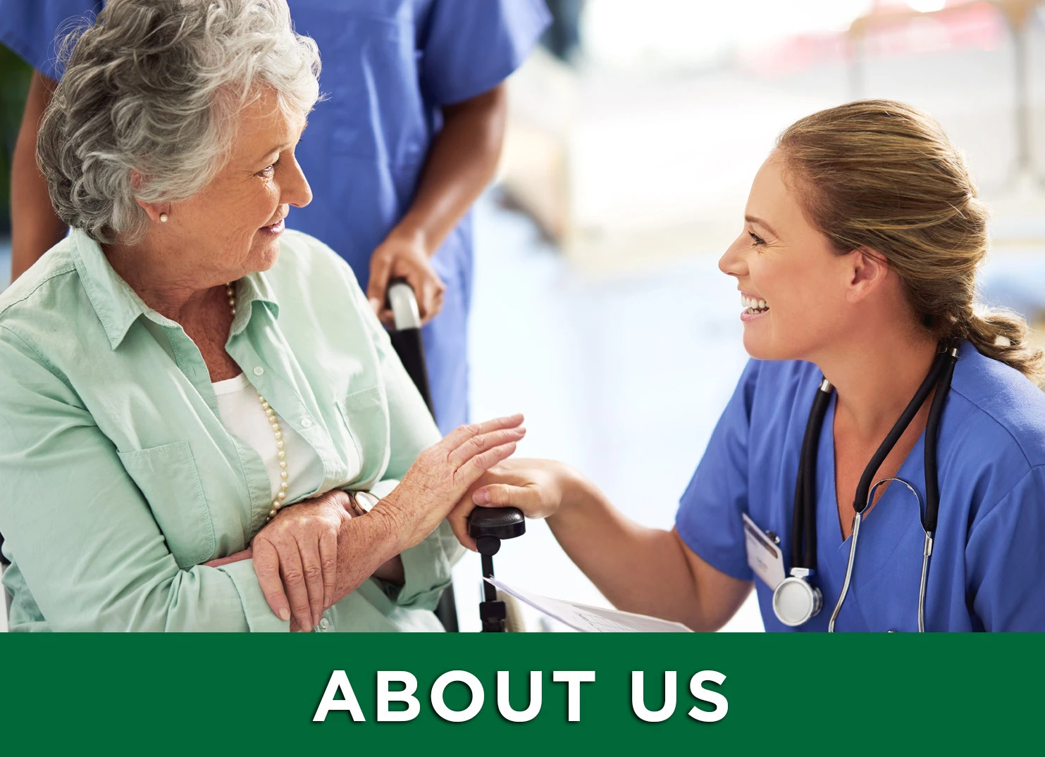 senior aged woman in a wheelchair talking to nurse with a link to meet the team at Ansley Parke at Orange City