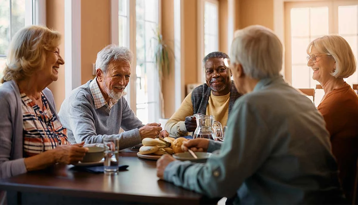 Group of senior friends enjoying breakfast and conversation at assisted living facility