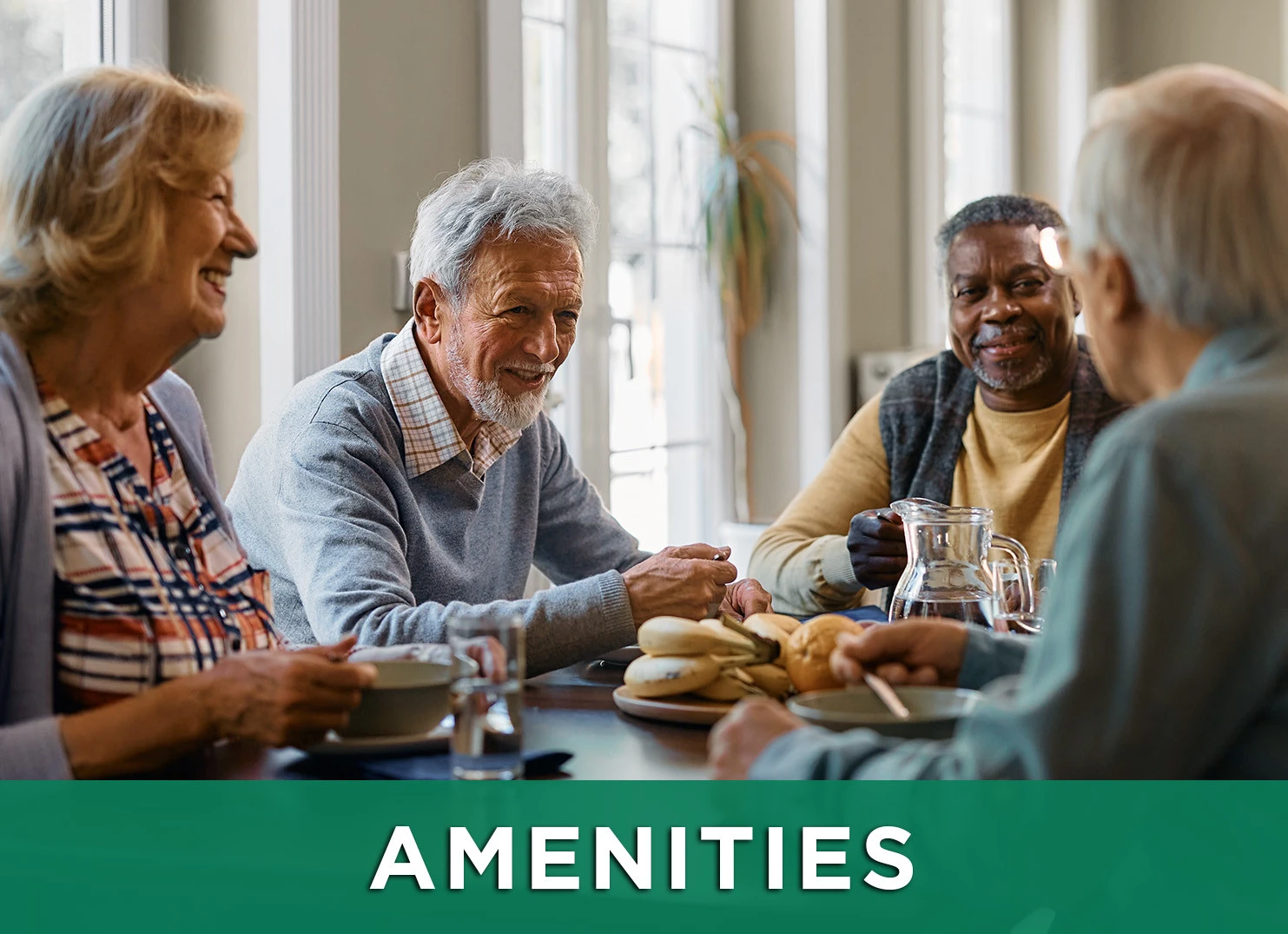 Image: Group of senior friends enjoying breakfast with a link to the Amenities page.