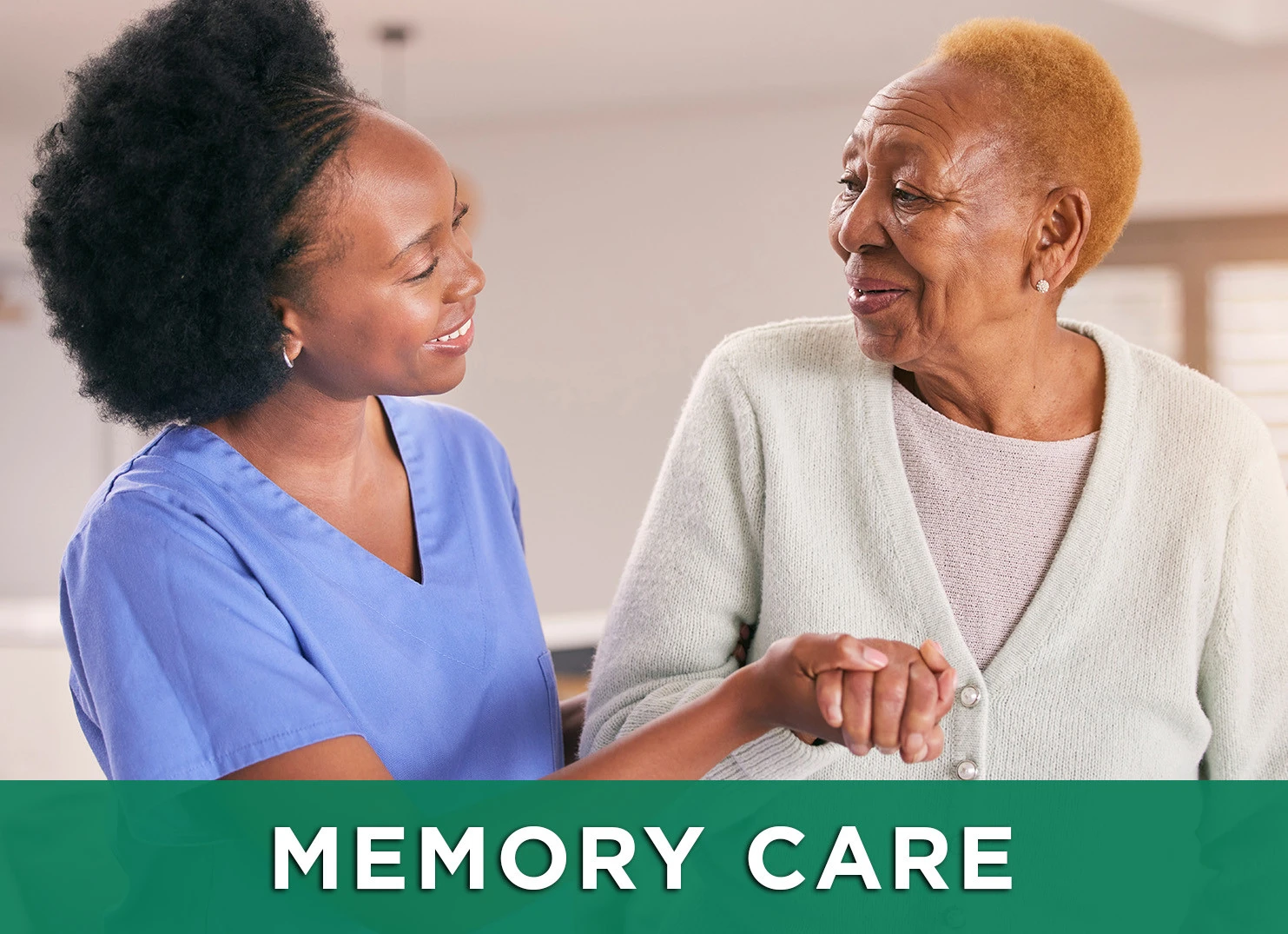 Image: Nurse helping senior memory care patient with a link to the Memory Care page