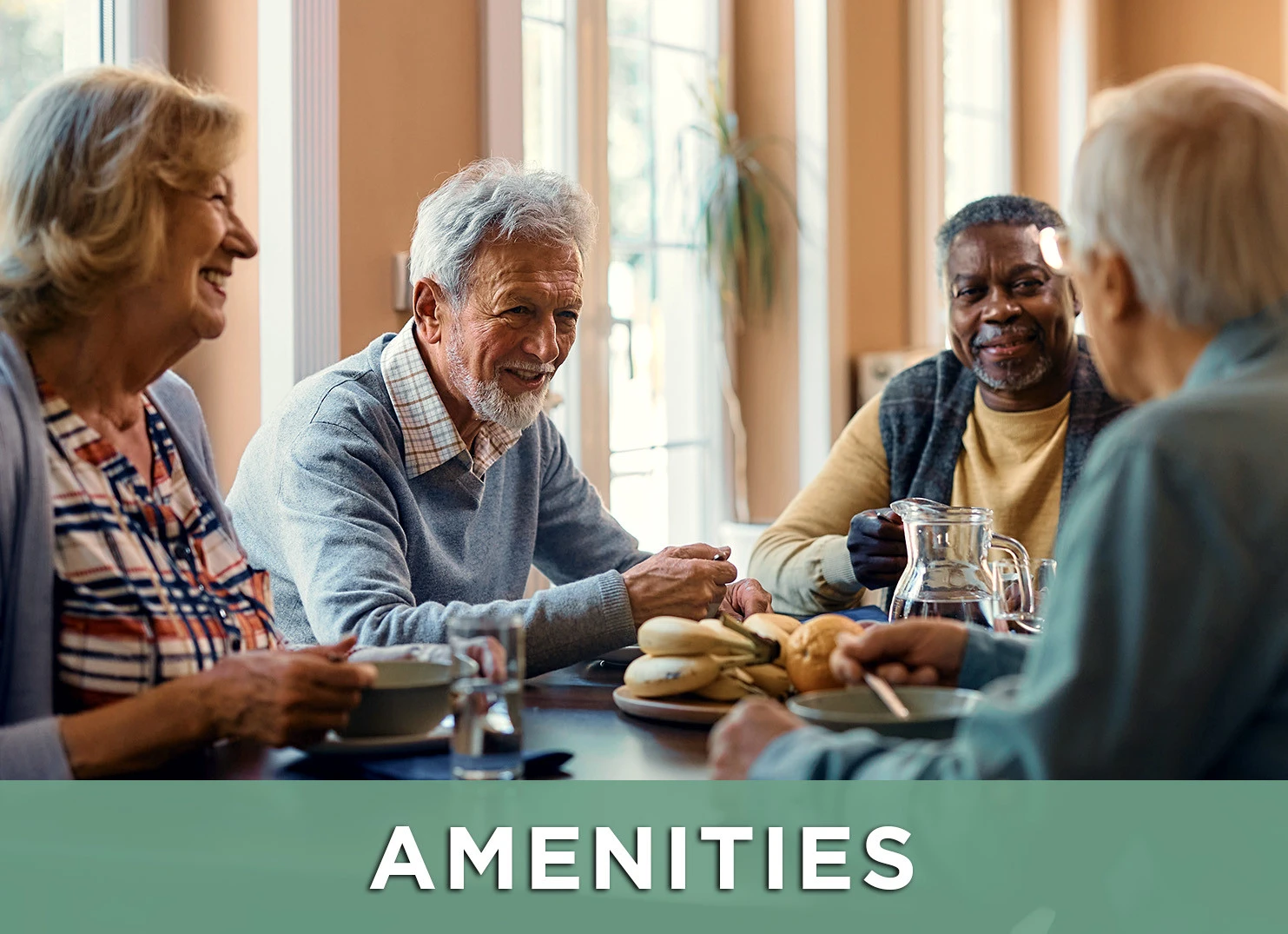 Image of group of senior friends around a table talking with a link to the amenities page for more information