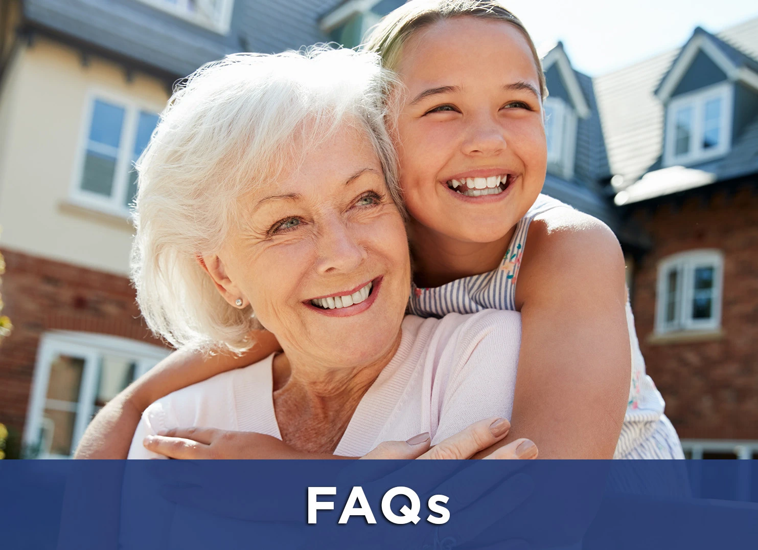 Image of grandmother and granddaughter smiling with a link to the FAQs page for more information