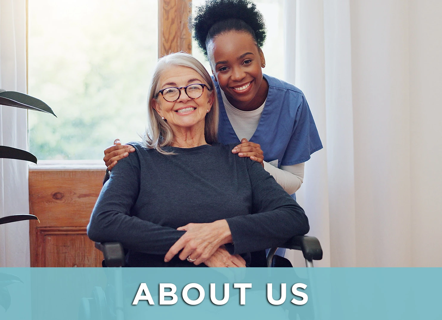 Image of senior woman talking and nurse with a link to the About Us page for more information