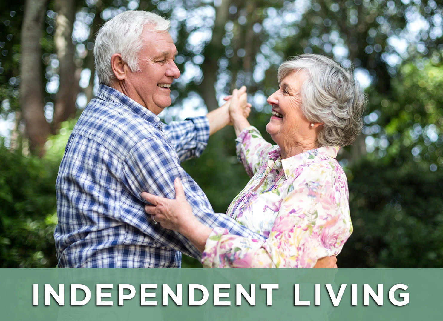 Image of happy senior couple dancing with a link to the Independent Living page for more information