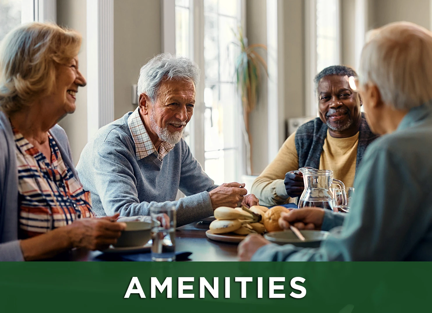 Image: group of senior friends around a table enjoying each others company