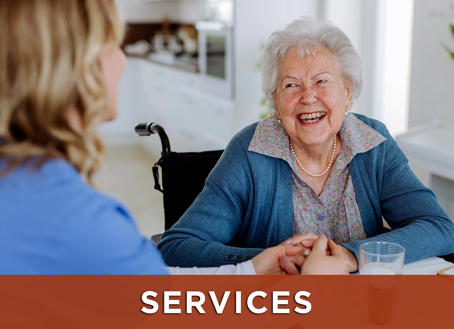 Image: Woman in wheelchair smiling and talking to nurse caregiver with a link to services webpage