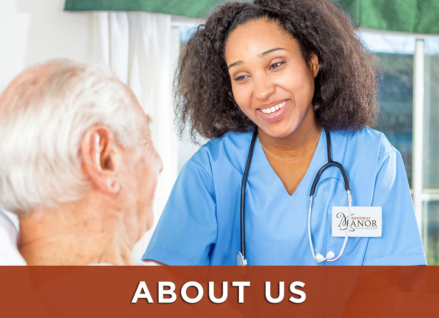 Image: Man in rehabilitative care chatting with smiling nurse with a link to about us webpage