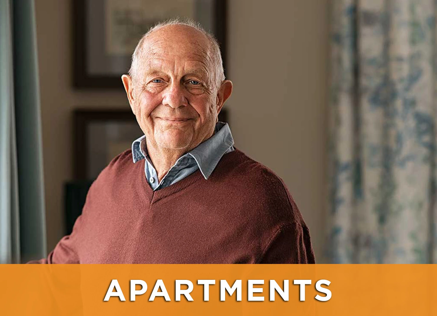 Image: Senior man smiling with a link to the Apartments page