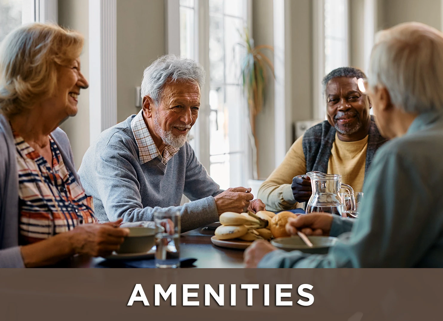 Image: Senior friend group enjoying breakfast with a link to the amenities page