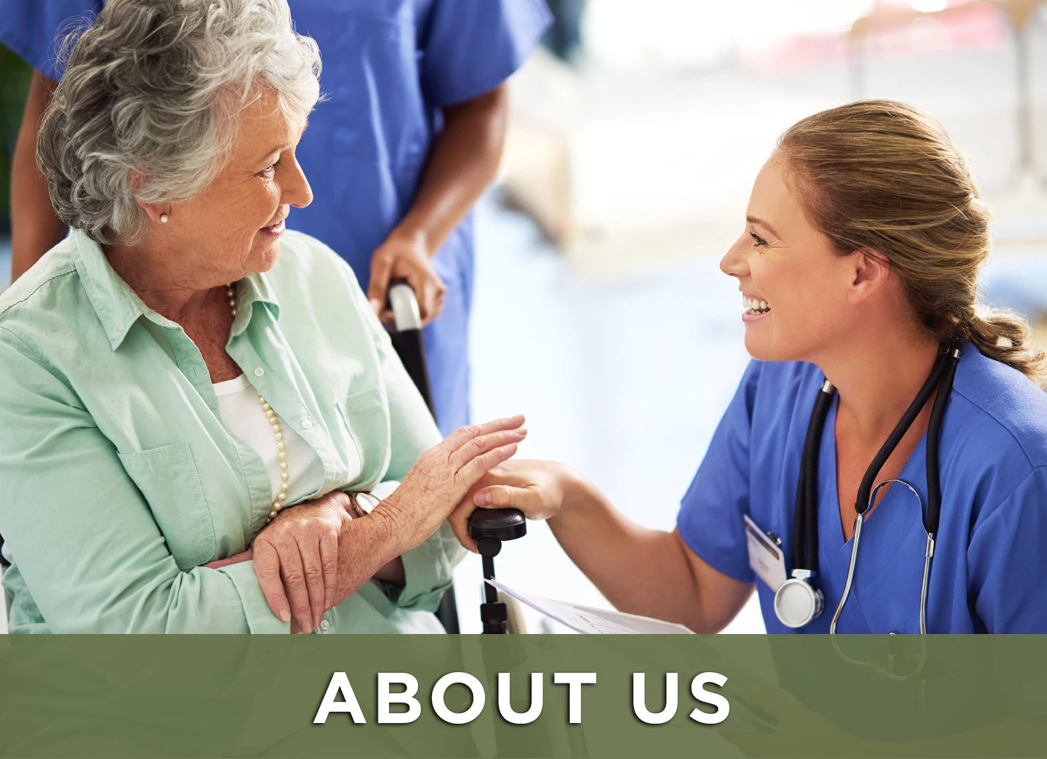 Image of senior woman talking to nurse with a link to the About Us page for more information