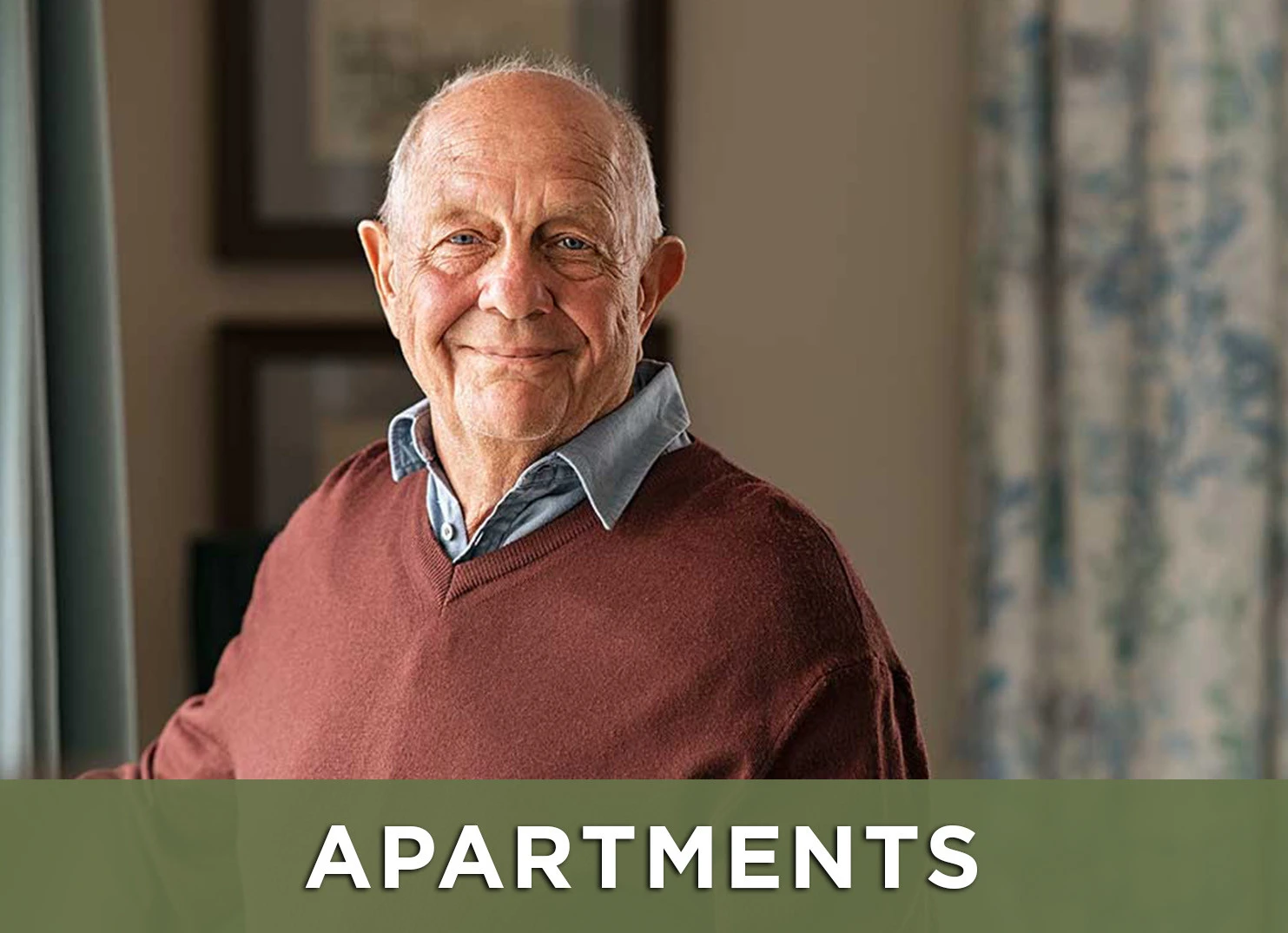 Image: Senior man smiling with a link to the apartments page
