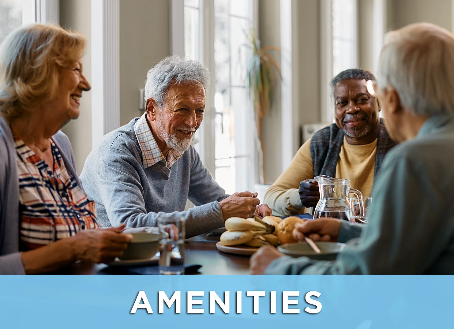 Image of senior friends enjoying breakfast; Link to Amenities page