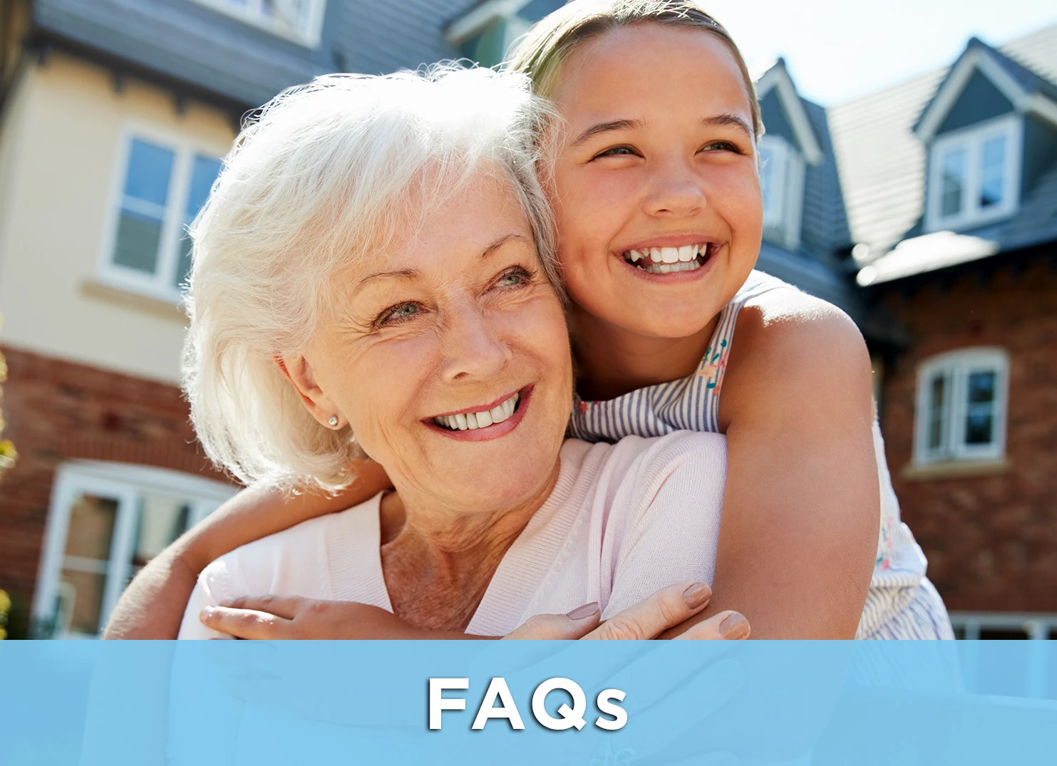 Image of grandmother and granddaughter hugging; Link to FAQs page