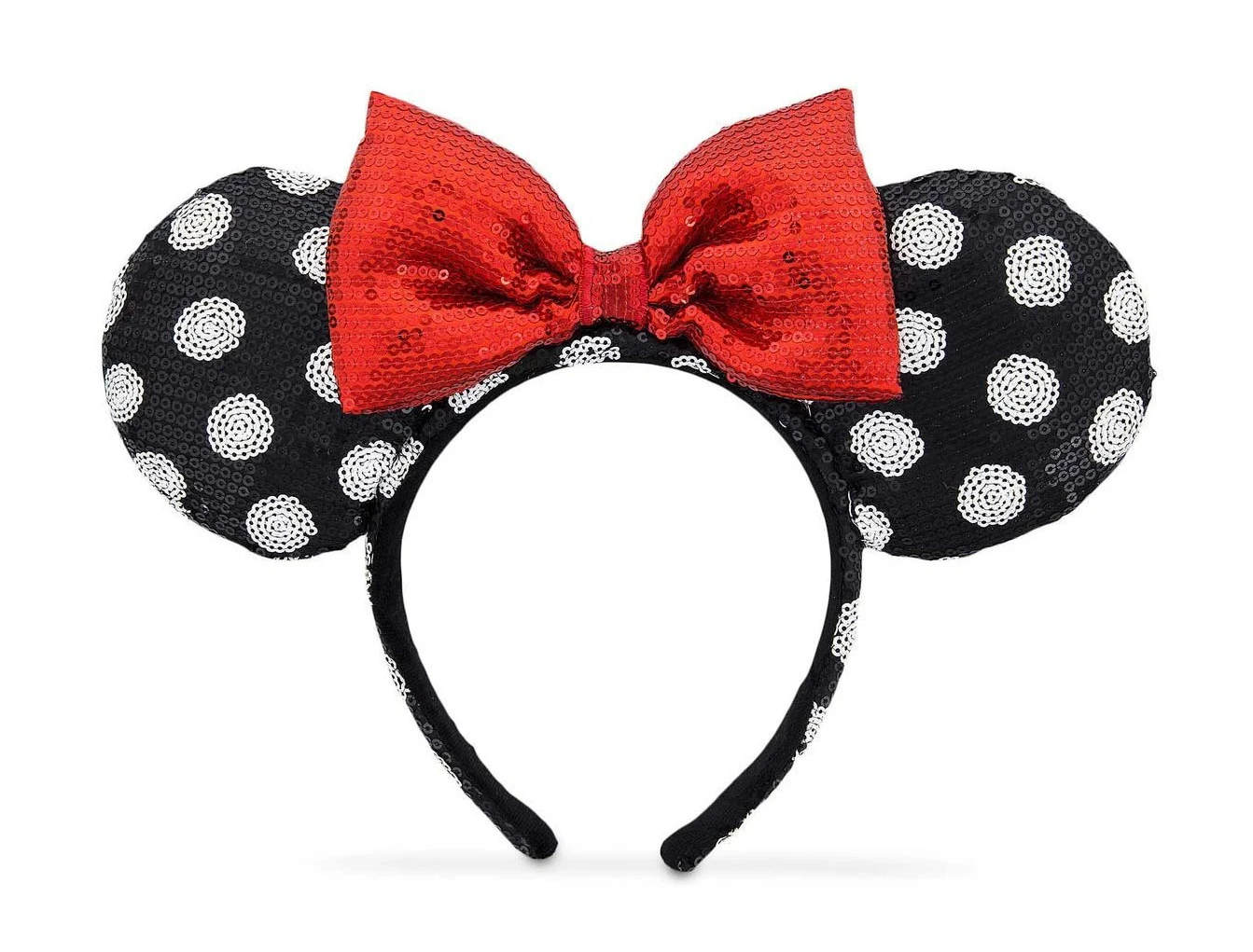 products Disney Parks - Minnie Mouse Ears Headband - Sequined Black Ears with White Polka Dots - Red Bow