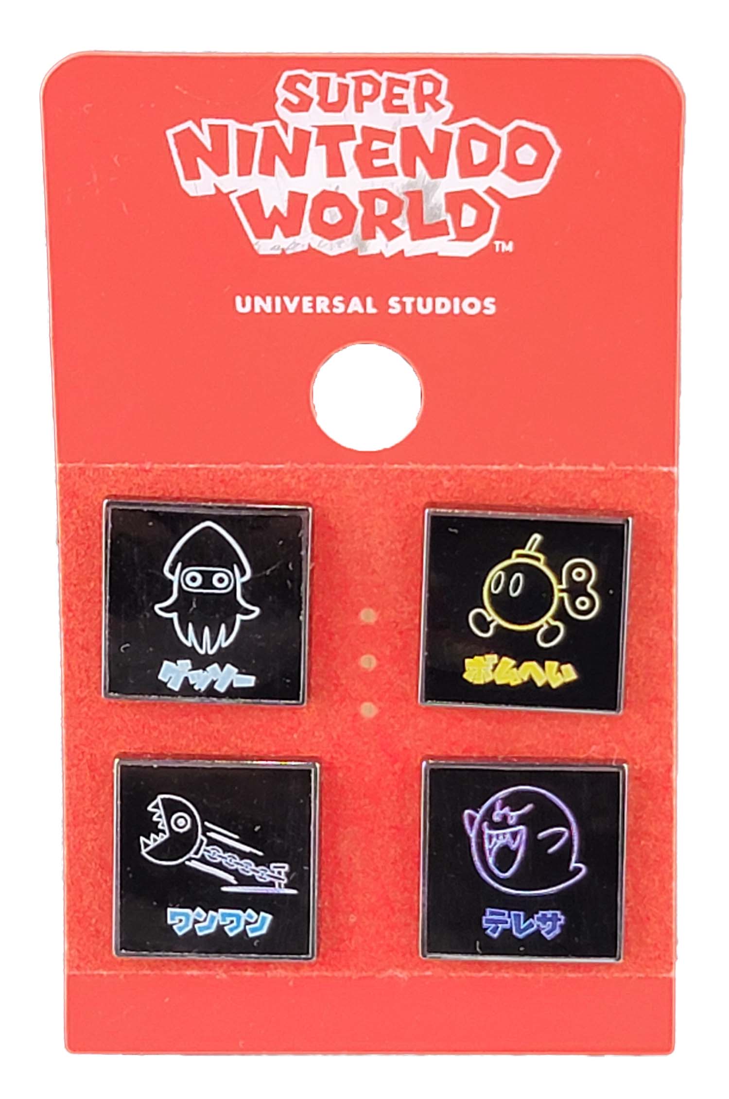 products Universal Studios - Epic Universe Pin - Super Nintendo World - Neon Katakana Blooper, Monty, Boo, Koopa - 4 Pin Set