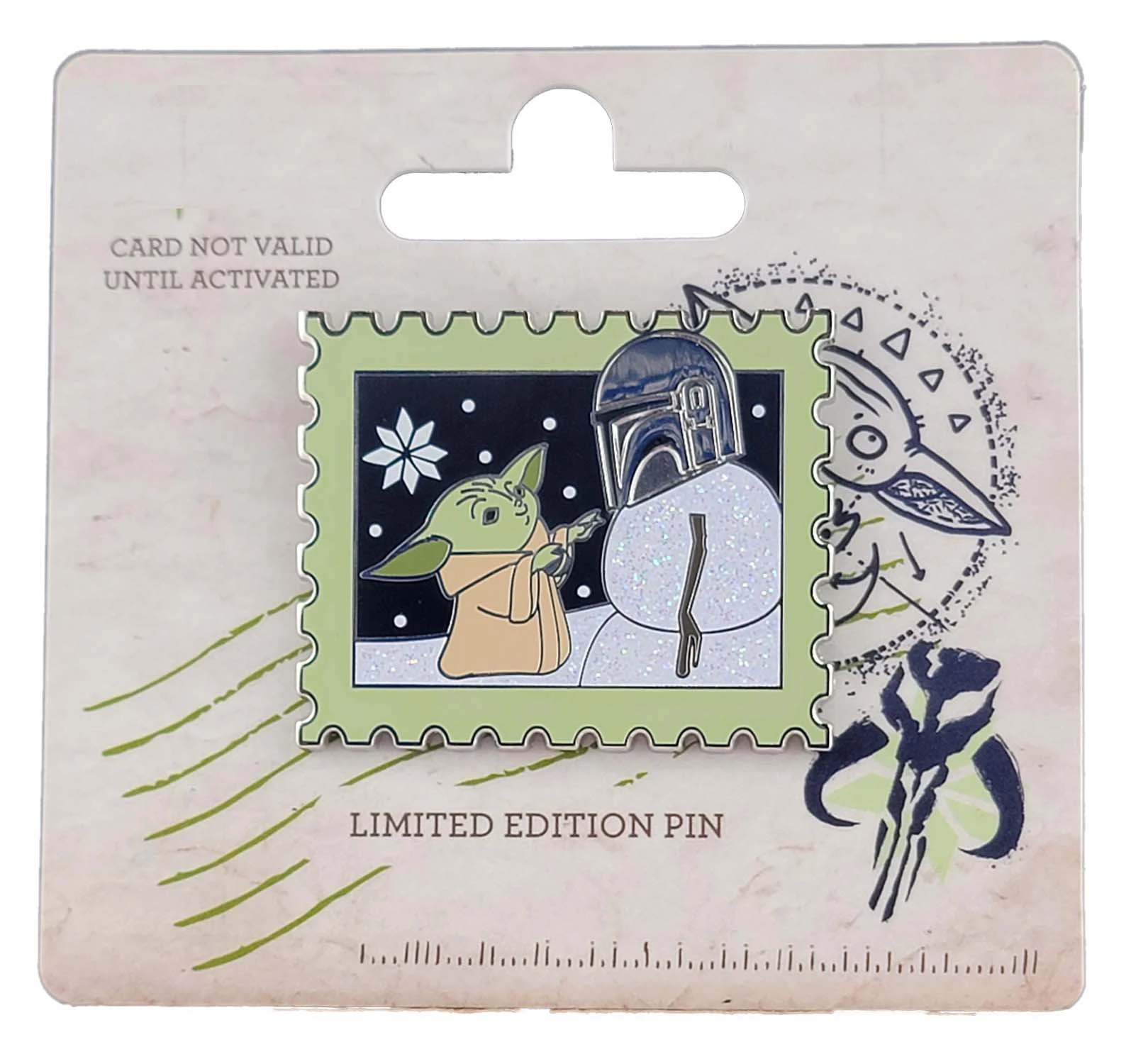 item Disney Pin - Grogu and Mandalorian Snowman - Holiday Postage Stamp - Gift Card PWP 148027