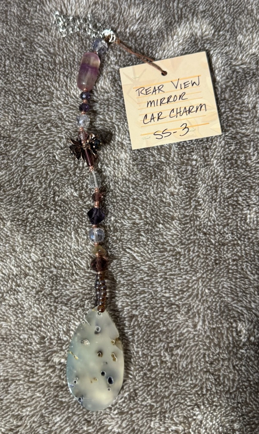 item AGATE SUNCATCHER: Clear agate w/ black pits, metal flowers, purple, clear beads copper chain ss-3.webp
