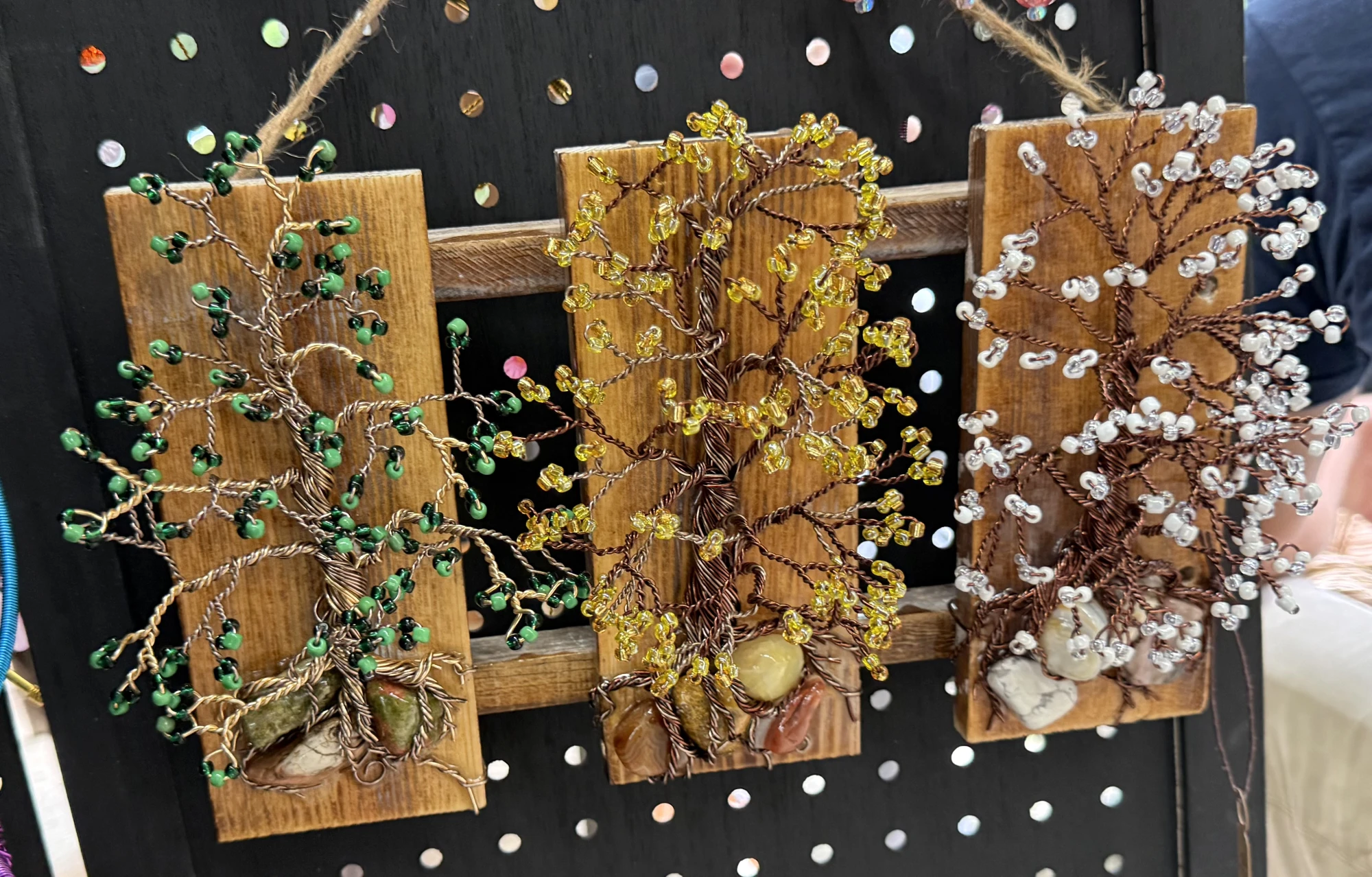 item Wire trees, hand crafted, glass beads, gemstones mounted on craft pallet, green, amber, white IMG_4324.webp