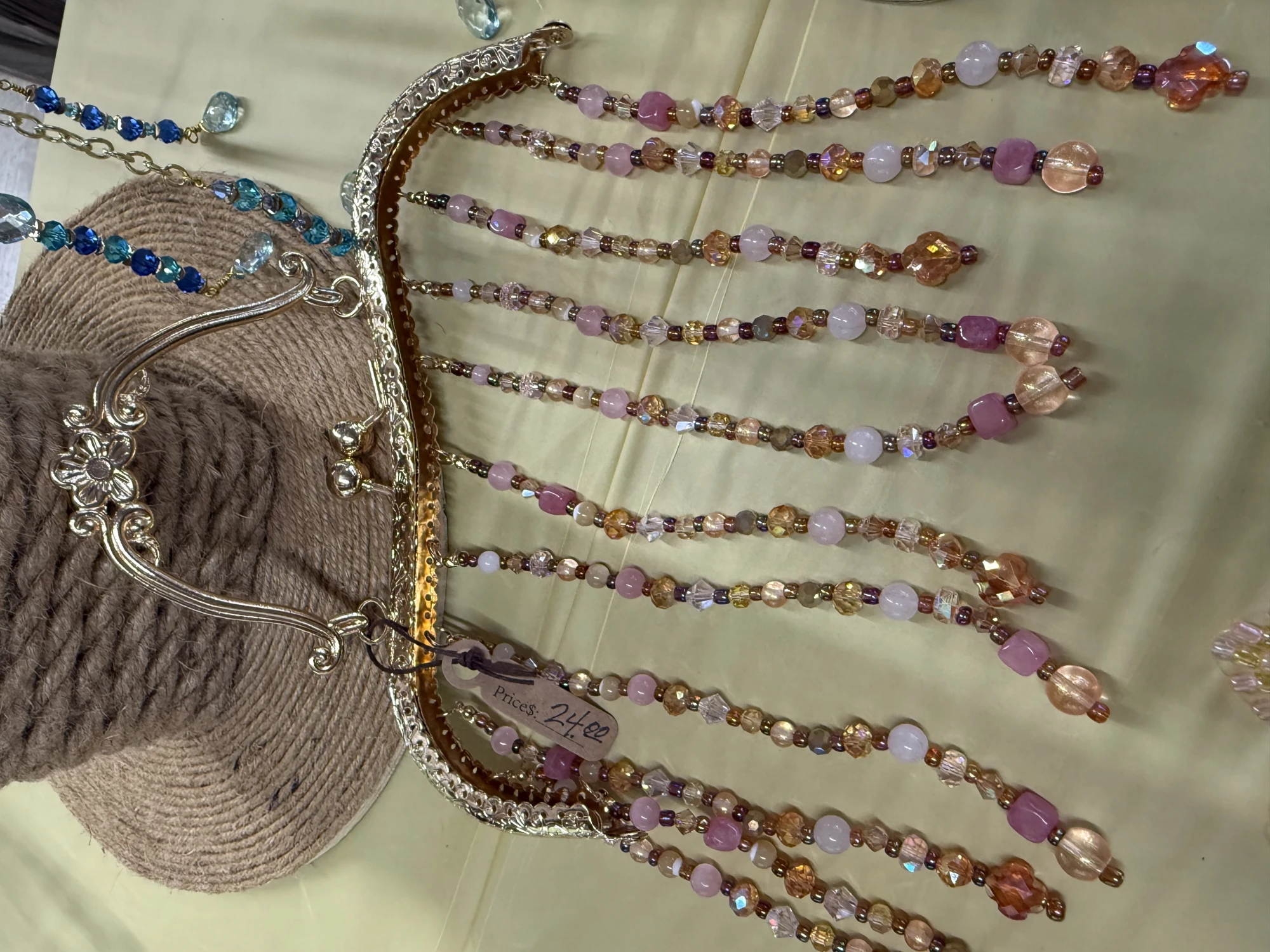 item Purse handle Suncatcher pink and amber glass beads gold handle IMG_4305.webp