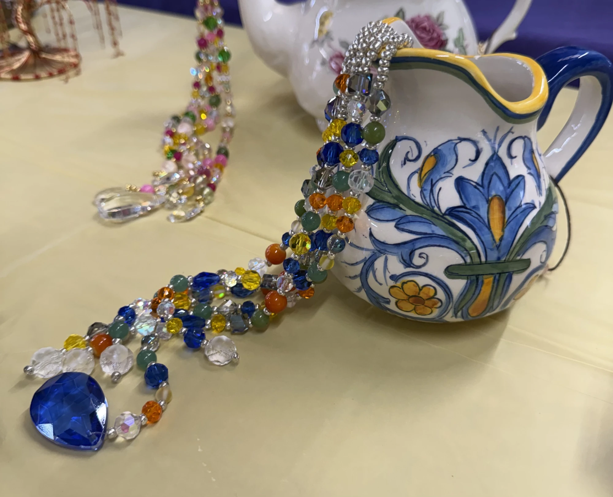 item Upcycled creamer with glass beads blue green orange IMG_4366.webp