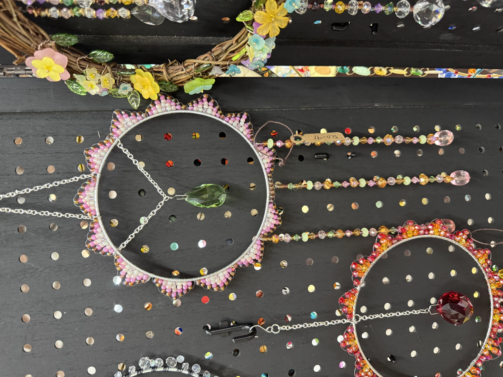item Sunburst suncatcher pink, green, white glass beads IMG_4389.webp