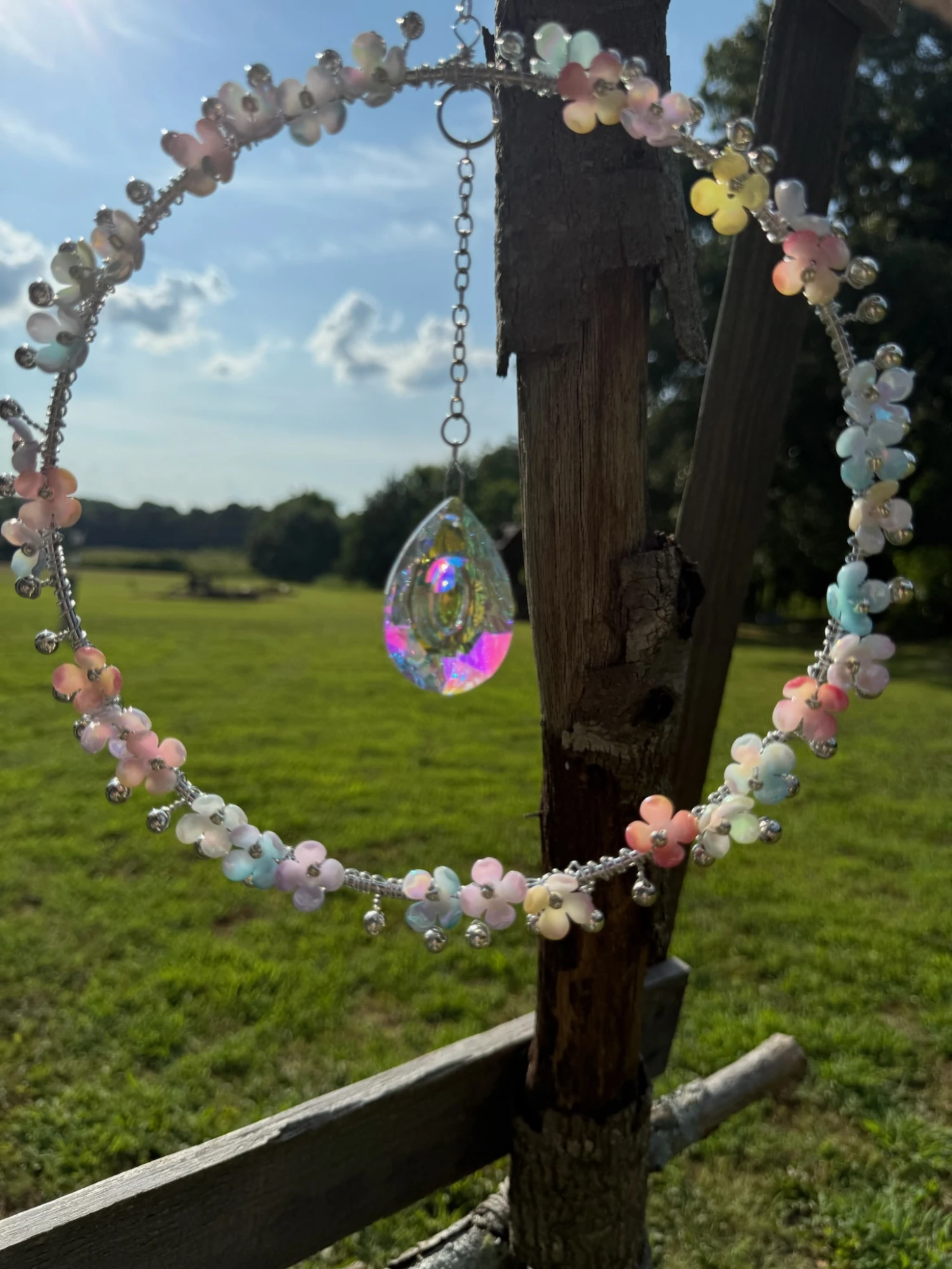 products 8 Inch Hoop with Silver Beads and Iridescent Pastel Flowers with Teardrop Crystal