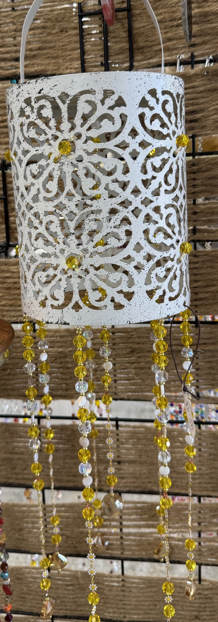 item Upcycled metal cylinders white with yellow glass beads with daisy chain IMG_4357.webp